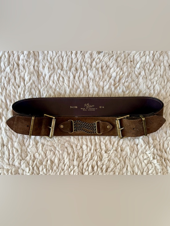 R.M. Williams Suede Statement Belt | Brown | Brass Chain & Double Buckle | Sz 34 main image 12